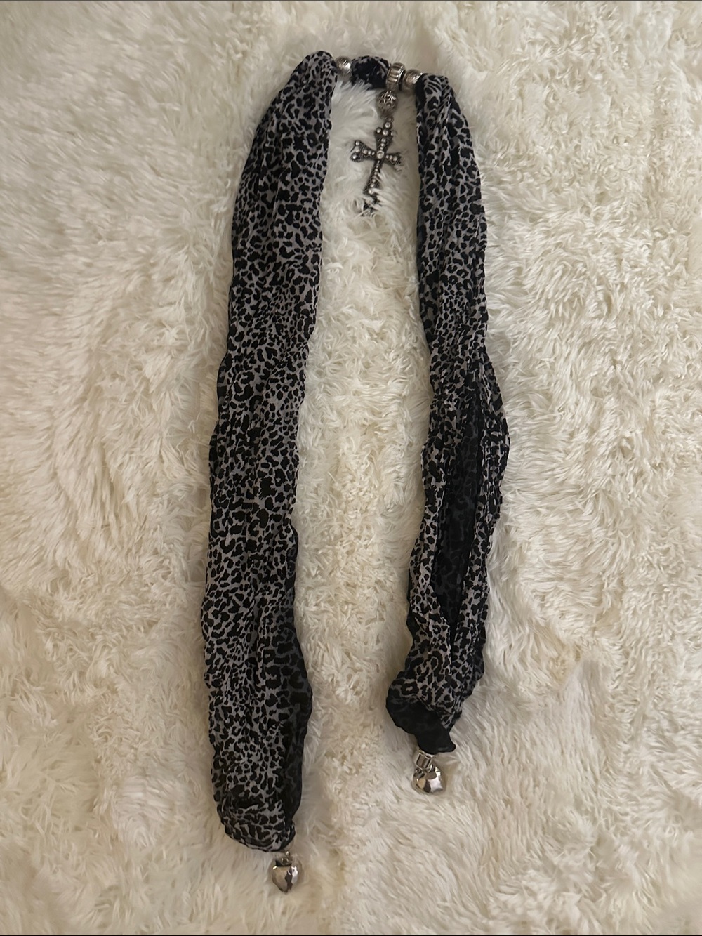 Leopard Print Scarf Necklace with Cross Pendant - Black & Gray